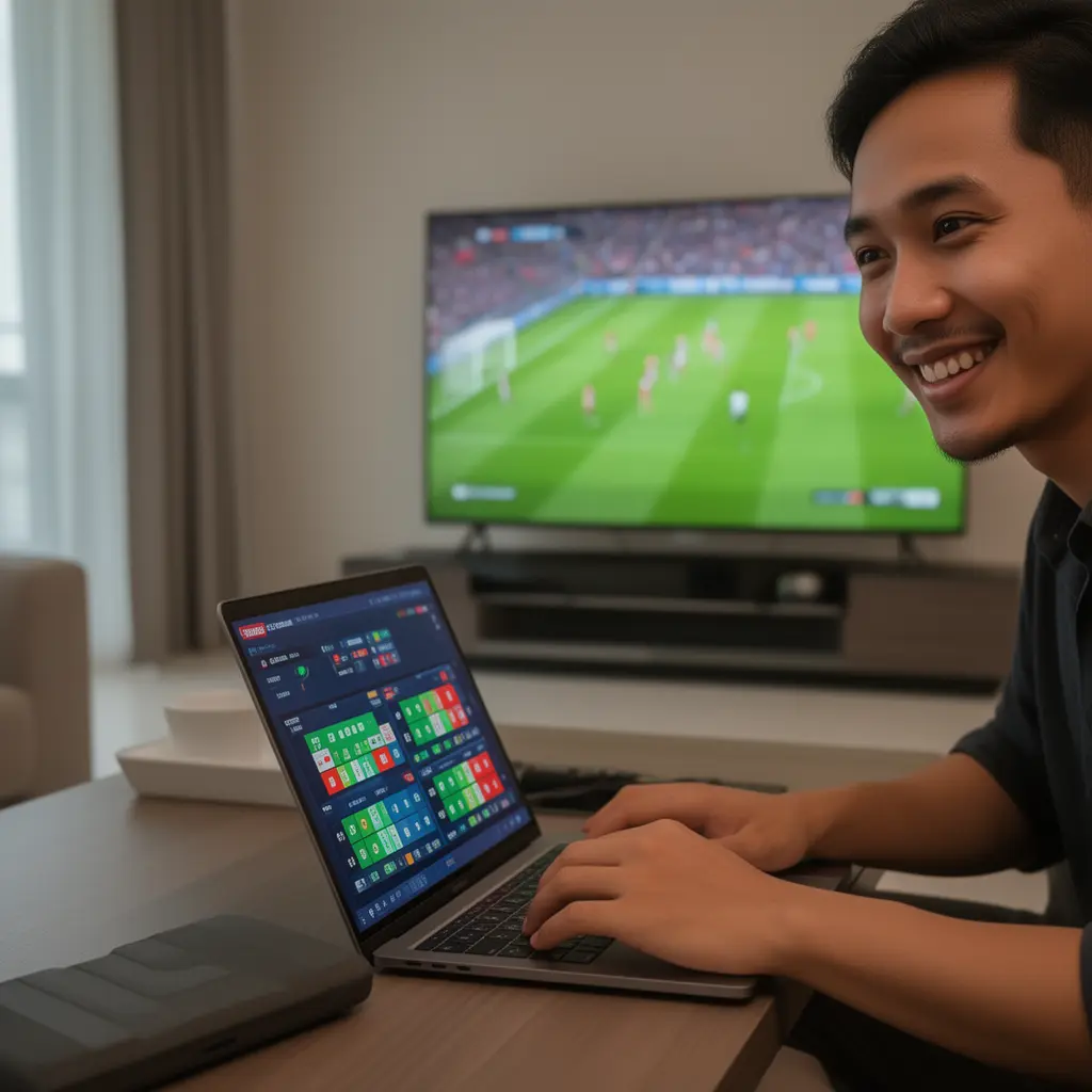 Focused Indonesian player using the BW88 betting platform on a laptop while watching a live soccer match on TV in a modern home